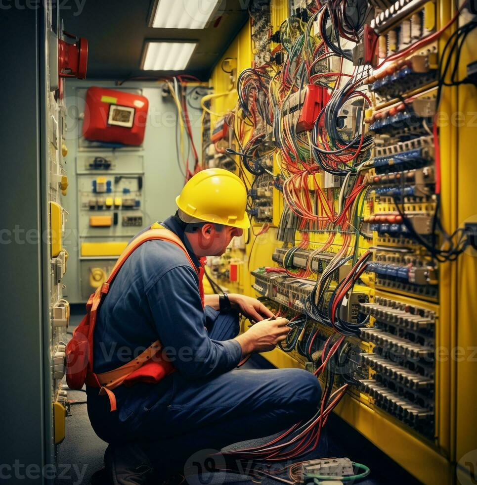 une homme vérification une multimètre et câblage équipement à l'intérieur de une facilité, industriel machinerie Stock Photos