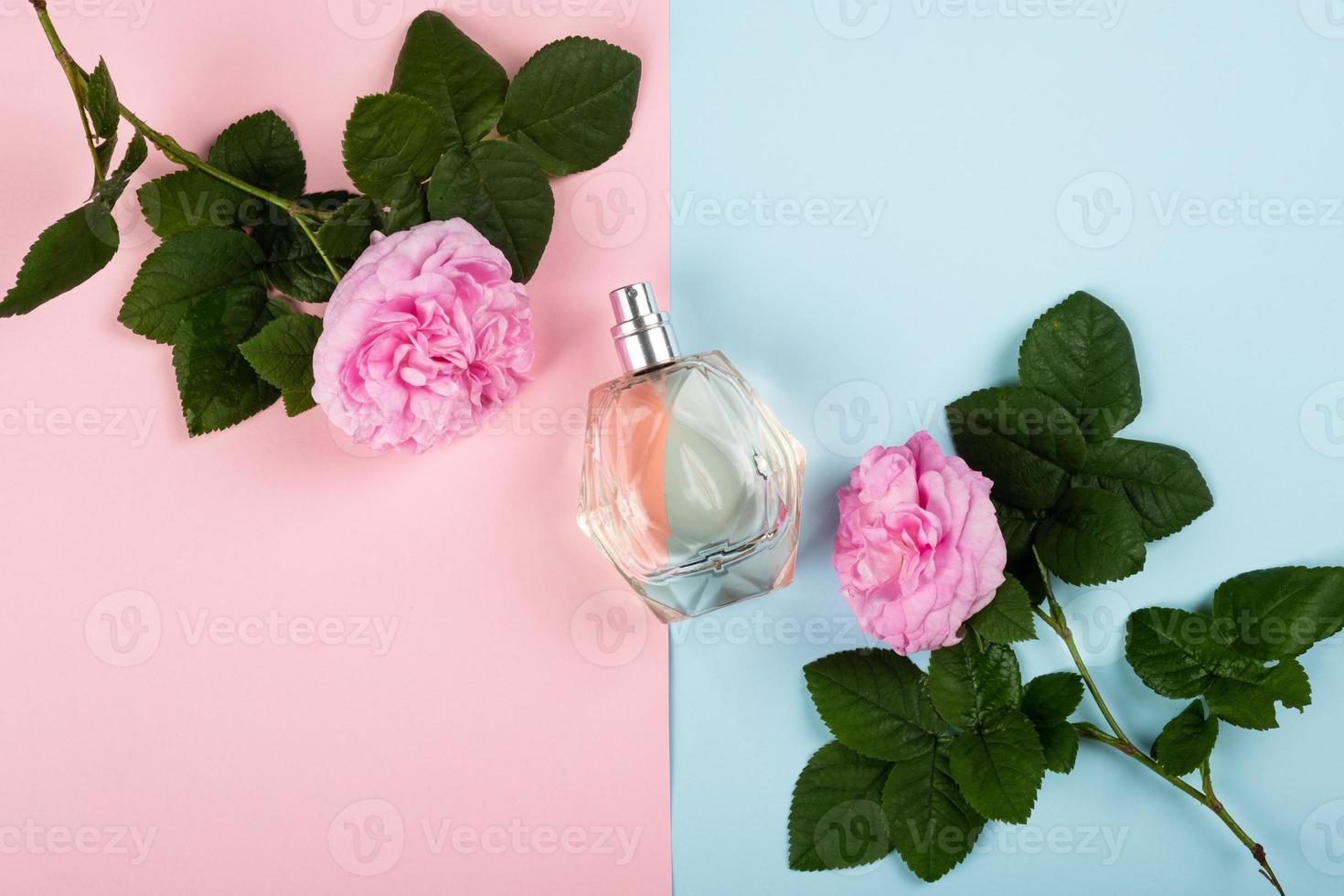 parfum au parfum de rose, odeur de femme savoureuse à la mode à plat photo