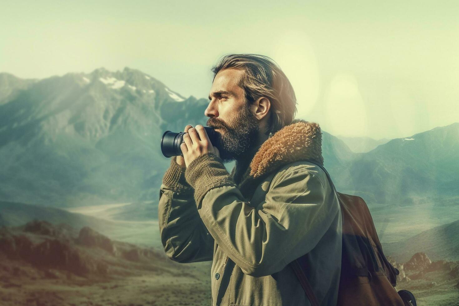 randonnée homme avec sac à dos et jumelles dans le montagnes. ai généré photo