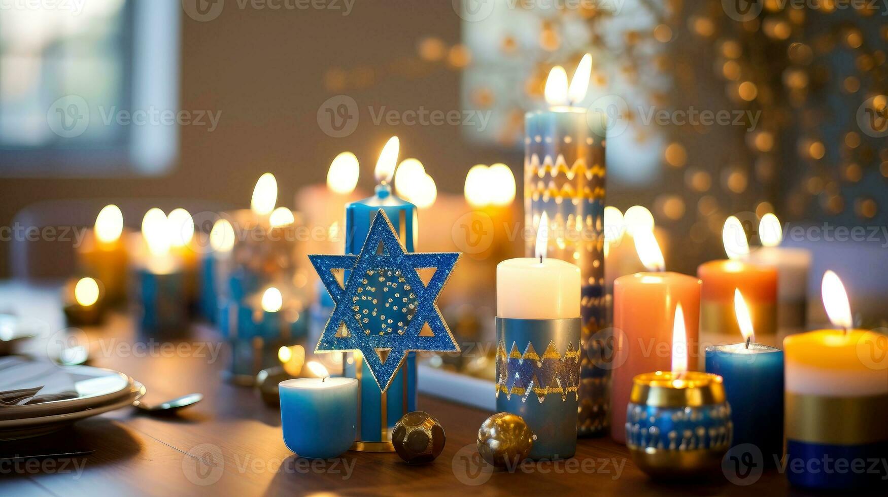 Hanoukka de fête fête concept, lueur de le menorah avec brillant bougies et étoile, génératif ai illustration photo