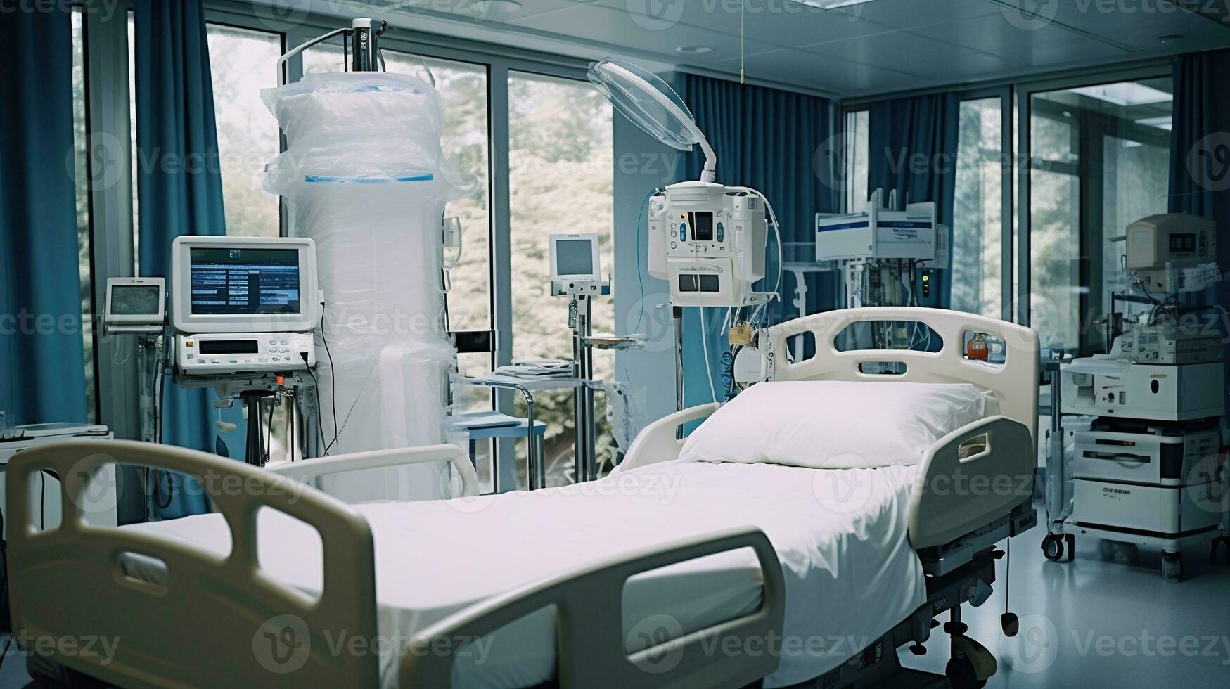 génératif ai, récupération pièce avec confortable lit, médical intérieur, vide hôpital chambre. photo