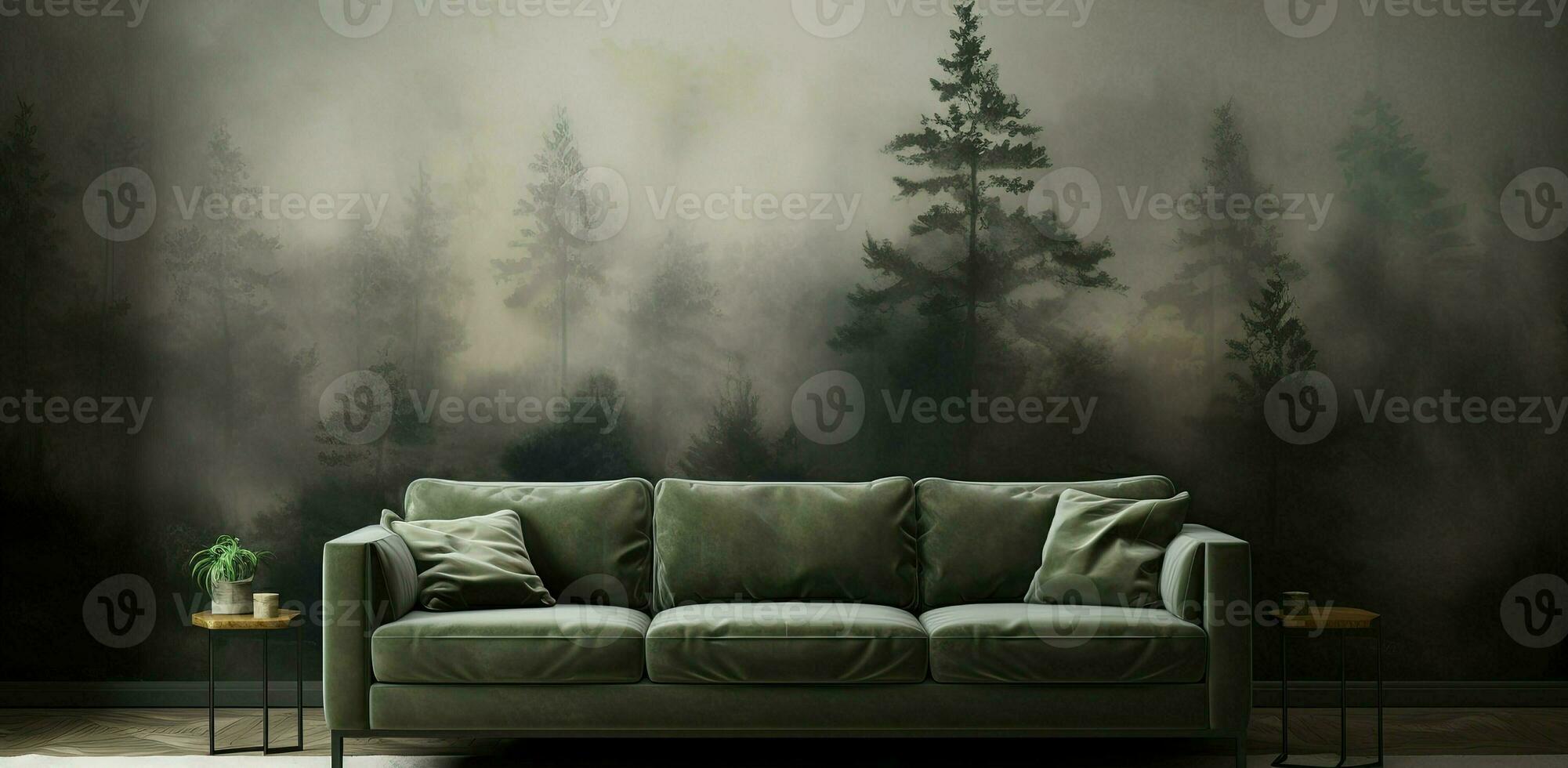 génératif ai, intérieur conception avec canapé, canapé et fond d'écran de sapin forêt magnifique paysage dans branché ancien rétro style, brumeux montagnes et des arbres. photo