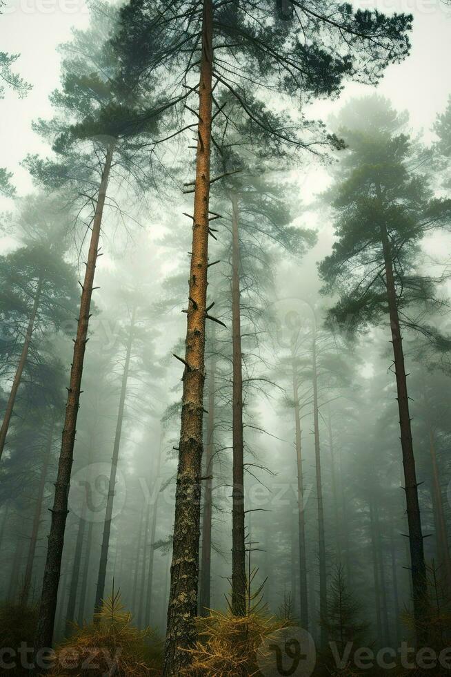génératif ai, brumeux sapin forêt magnifique paysage dans branché ancien rétro style, brumeux montagnes et des arbres. photo