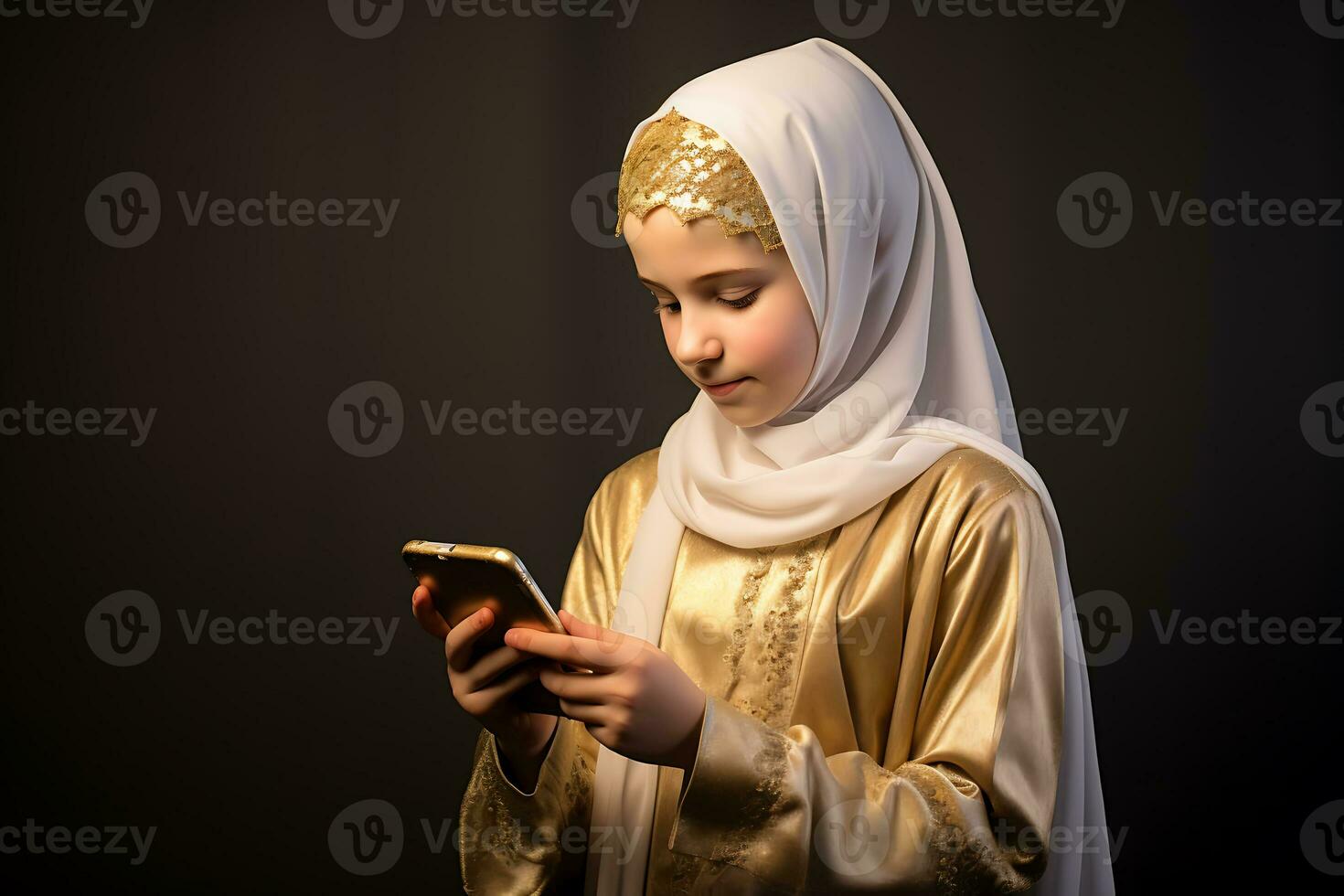 peu musulman fille en utilisant intelligent téléphone sur noir Contexte. Ramadan kareem concept ai généré photo