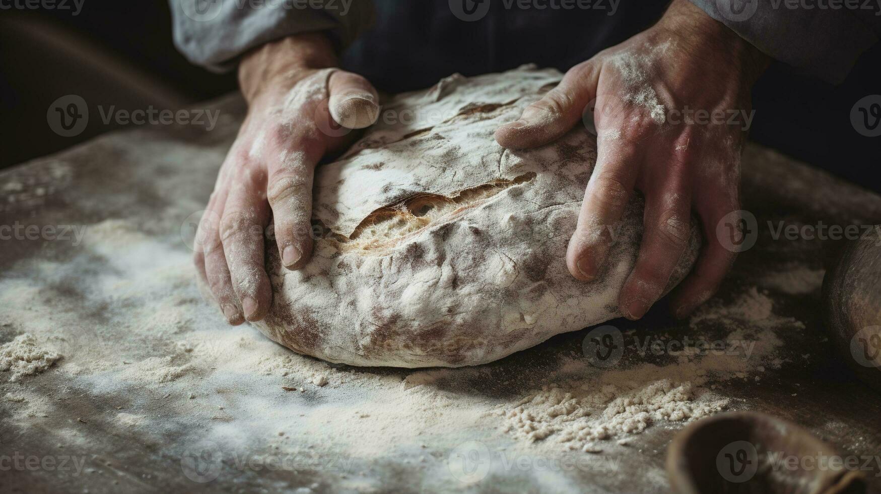 génératif ai, boulanger prépare pain ou boulangerie à le Accueil cuisine, écologiquement Naturel des pâtisseries. photo