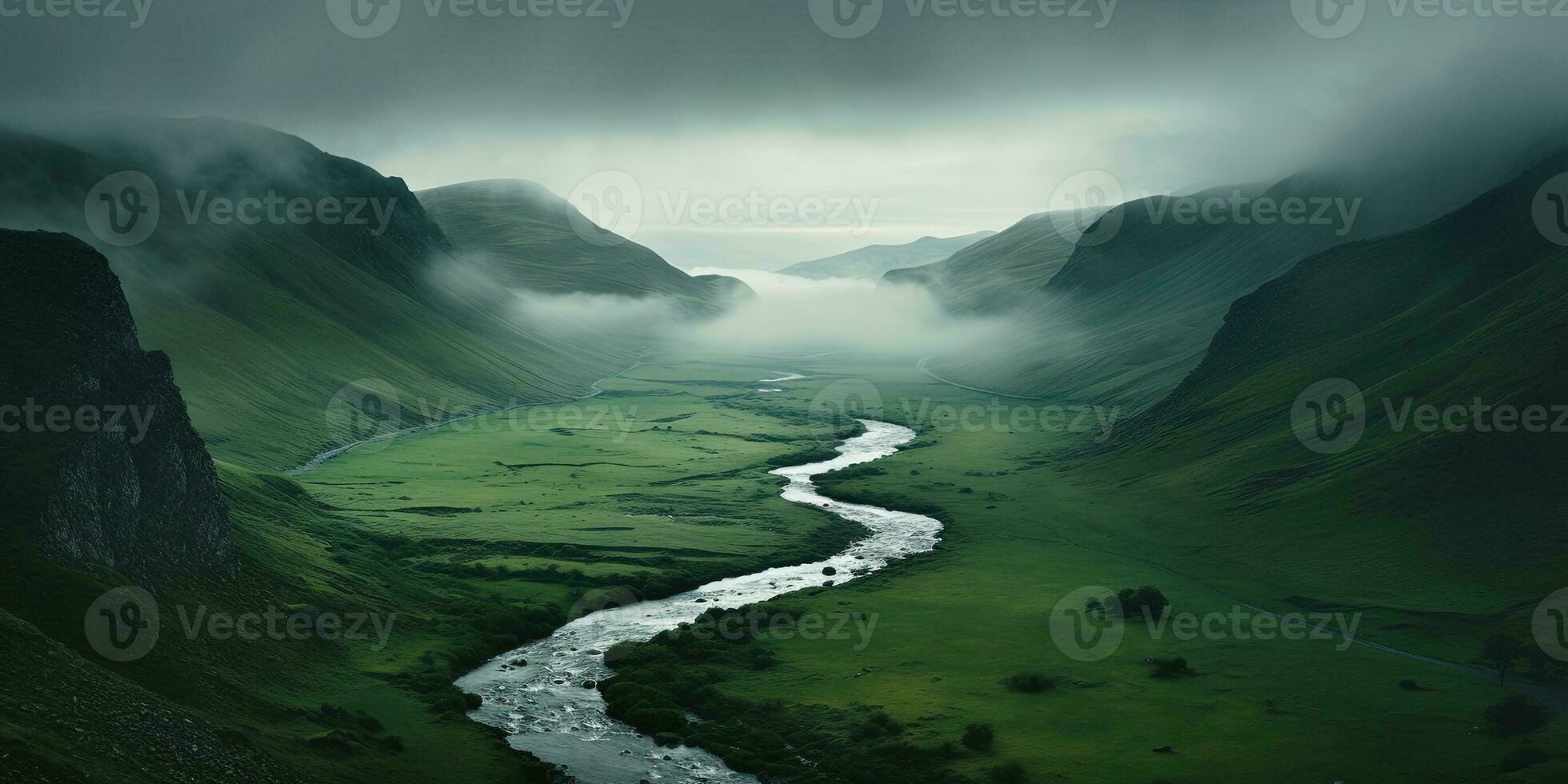 génératif ai, scénique vert collines dans le des nuages, magnifique la nature paysage aérien panorama, montagnes, aérien la photographie photo