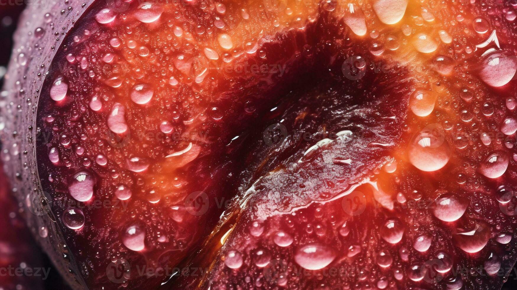 génératif ai, brillant tranche de juteux mûr prune et l'eau gouttes, macro de été fruit photo