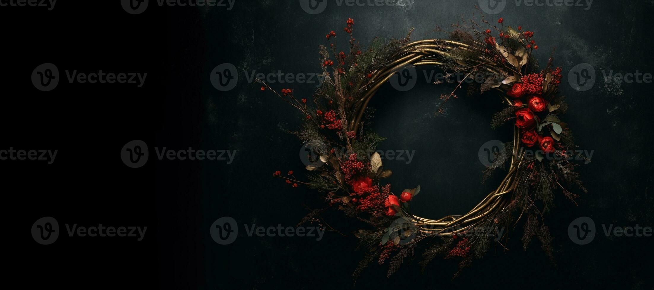 génératif ai, proche en haut Noël couronne, séché branches, rouge baies, pin, des balles et fleurs sur foncé de mauvaise humeur floral texturé Contexte. photo