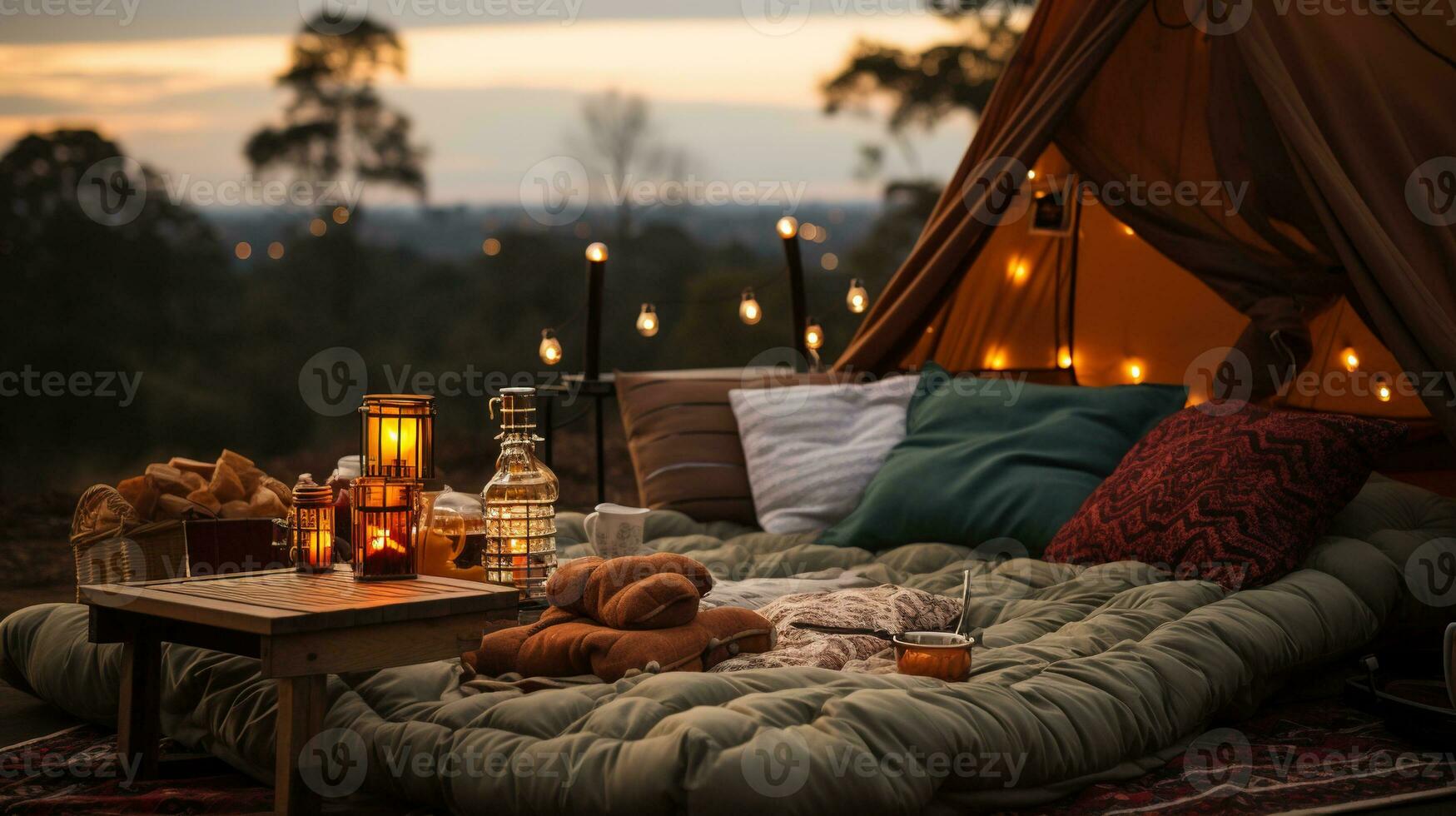 génératif ai, romantique camping avec lanterne lumières, oreillers, couverture. ville vue dans le soir photo