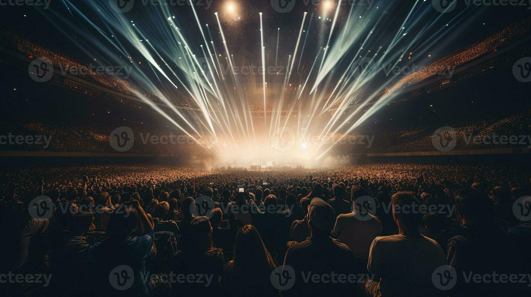 génératif ai, gens foule sur la musique Roche Festival concert dans stade, gros étape allumé par projecteurs. photo