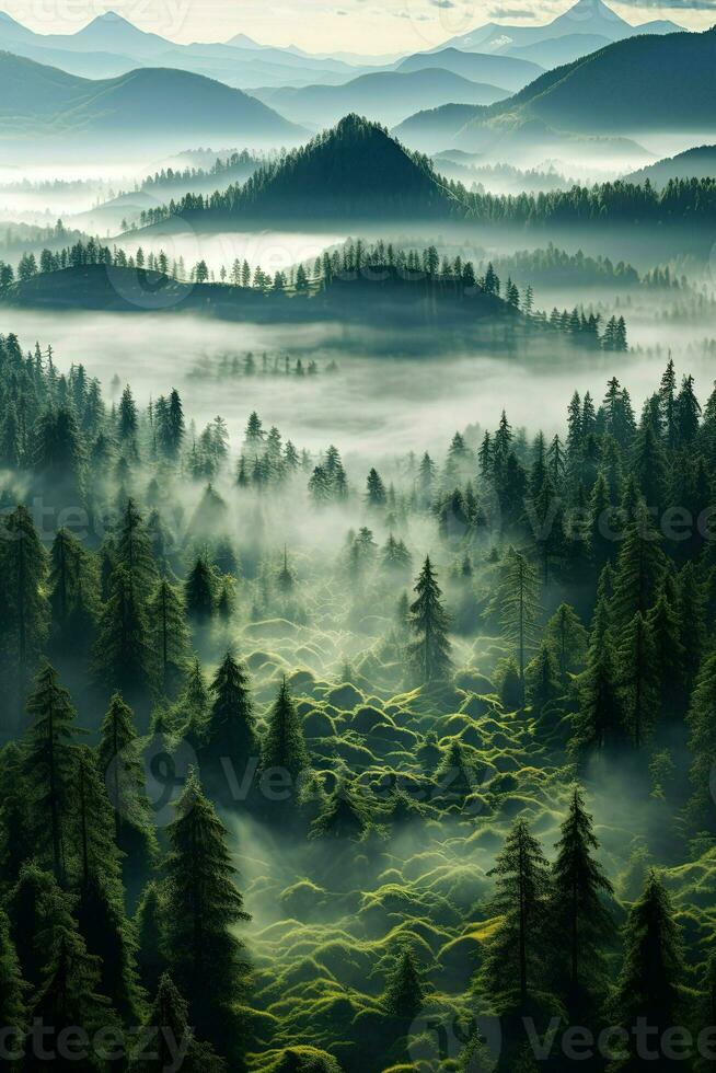 génératif ai, brumeux sapin forêt magnifique paysage dans branché ancien rétro style, brumeux montagnes et des arbres. photo