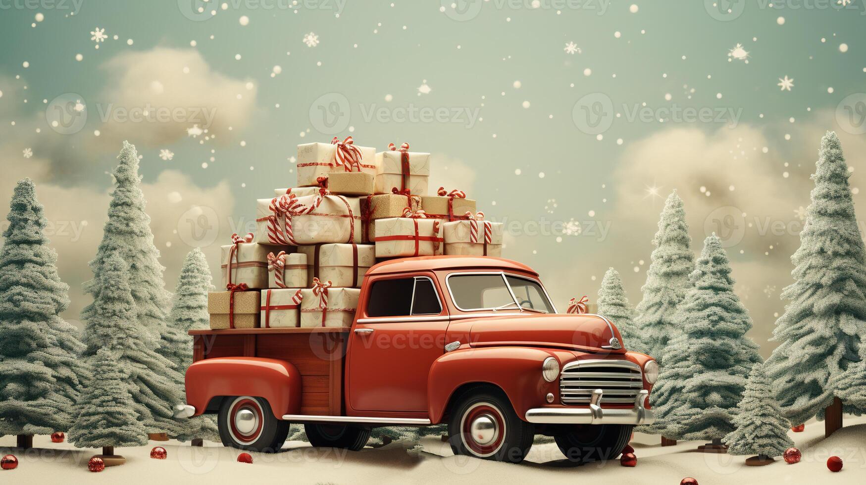 génératif ai, ancien Noël voiture avec beaucoup cadeaux, bleu et rouge couleurs. salutation Noël carte, hiver vacances photo