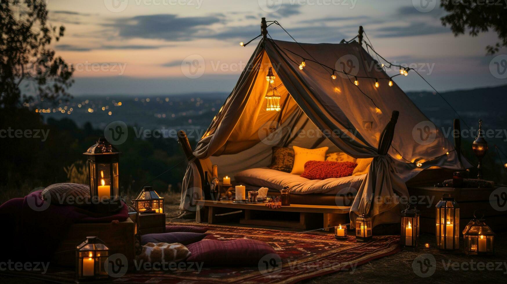 génératif ai, romantique camping avec lanterne lumières, oreillers, couverture. ville vue dans le soir photo