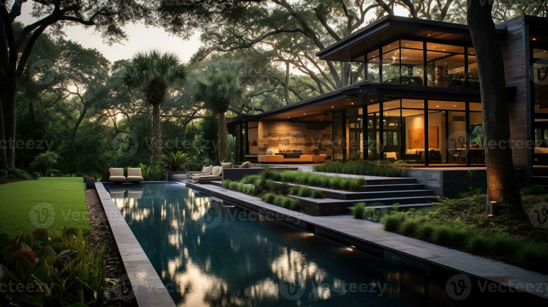 génératif ai, vue de nager bassin dans de face de une moderne luxe maison illuminé dans le soir photo