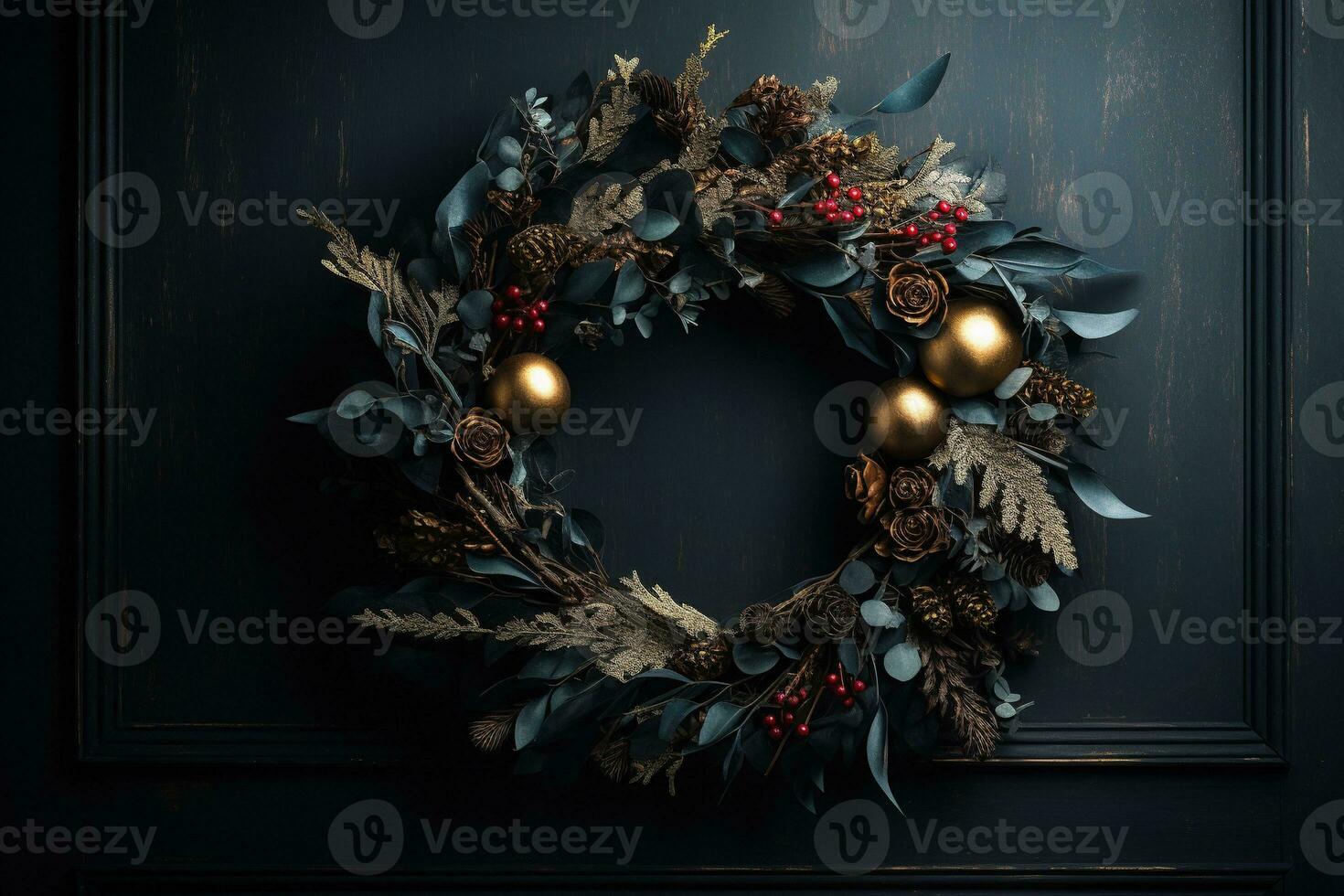 génératif ai, proche en haut Noël couronne, séché branches, rouge baies, pin, des balles et fleurs sur foncé de mauvaise humeur floral texturé Contexte. photo