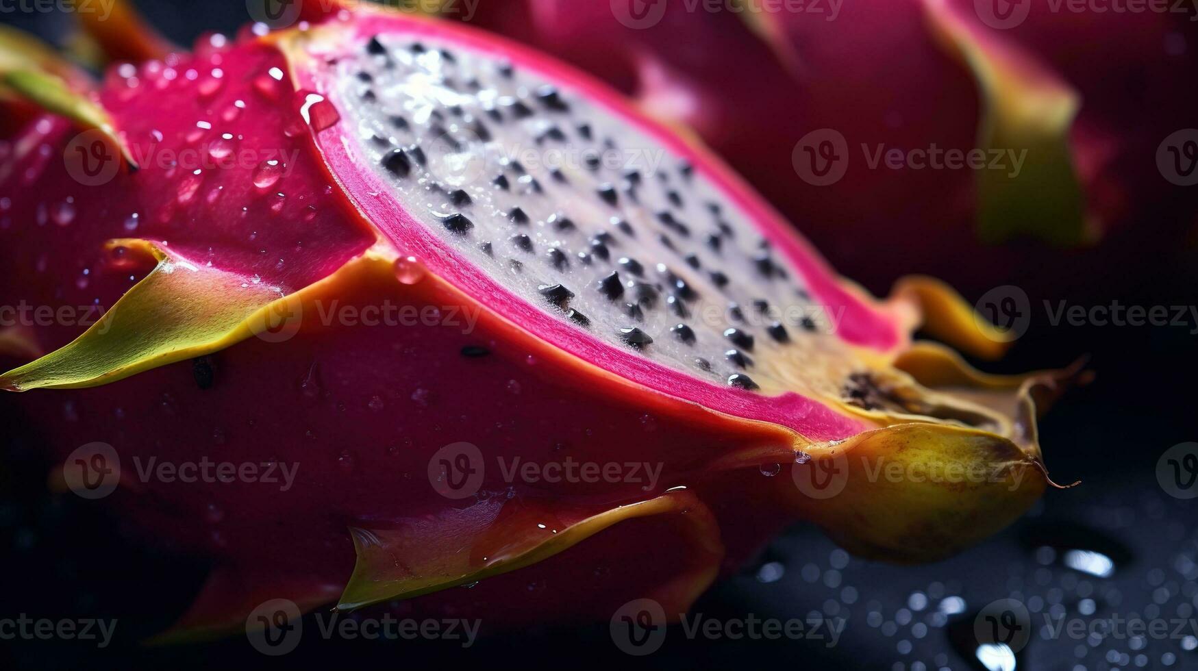 génératif ai, brillant tranche de juteux mûr fruit du dragon et l'eau gouttes, macro de été fruit photo