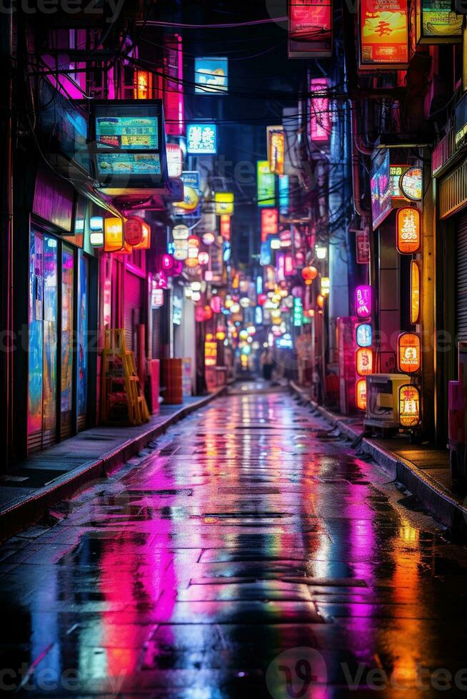 génératif ai, nuit scène de après pluie ville dans cyberpunk style, futuriste nostalgique années 80, années 90. néon lumières vibrant couleurs, photoréaliste verticale illustration. photo