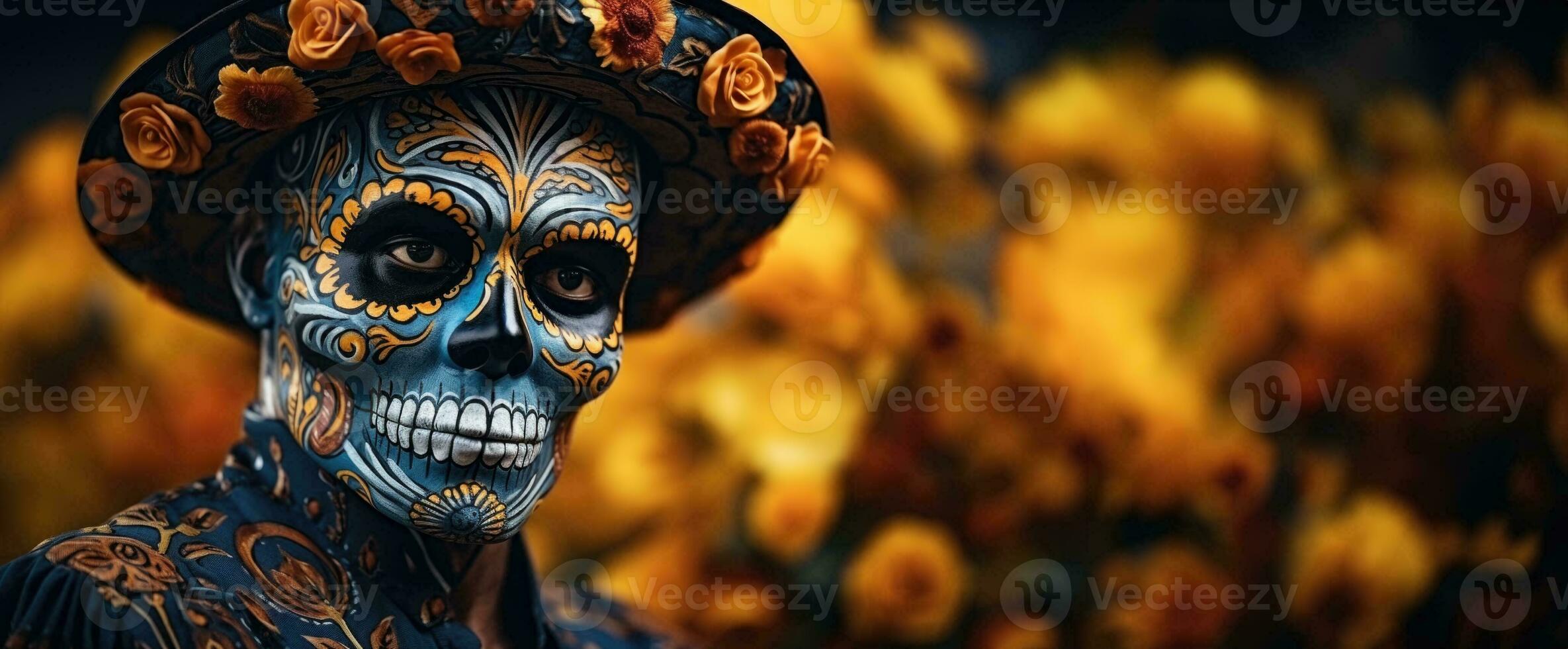 squelette à thème visage La peinture pendant journée de le mort fête Contexte avec vide espace pour texte photo