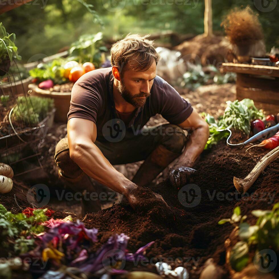 portrait compost pile pour réel jardinage et Jeune original homme visage photo
