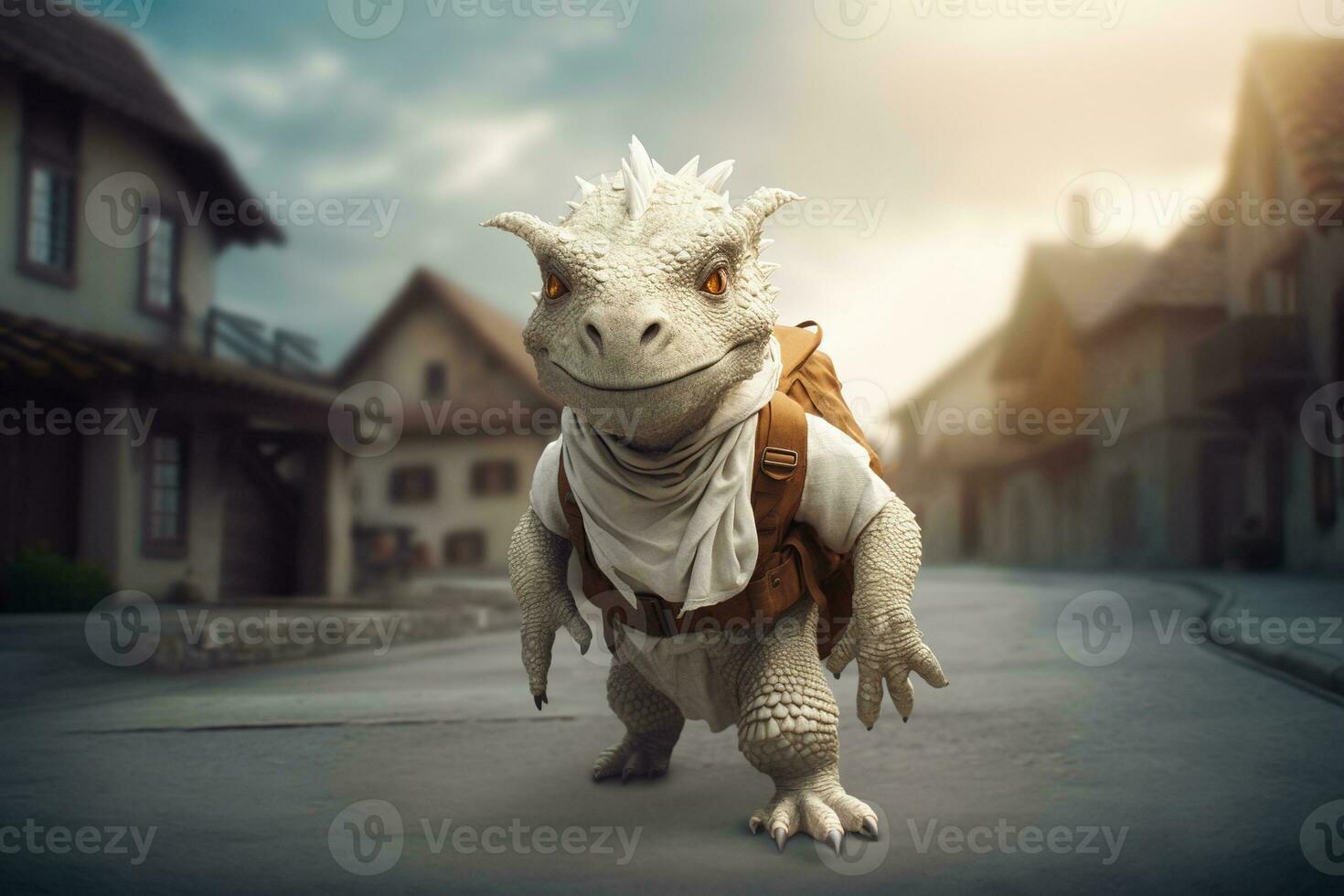 génératif ai, mignonne la gentillesse dragon aventurier et voyageur, anthropomorphe animal porter vêtements et gros sac à dos. photo