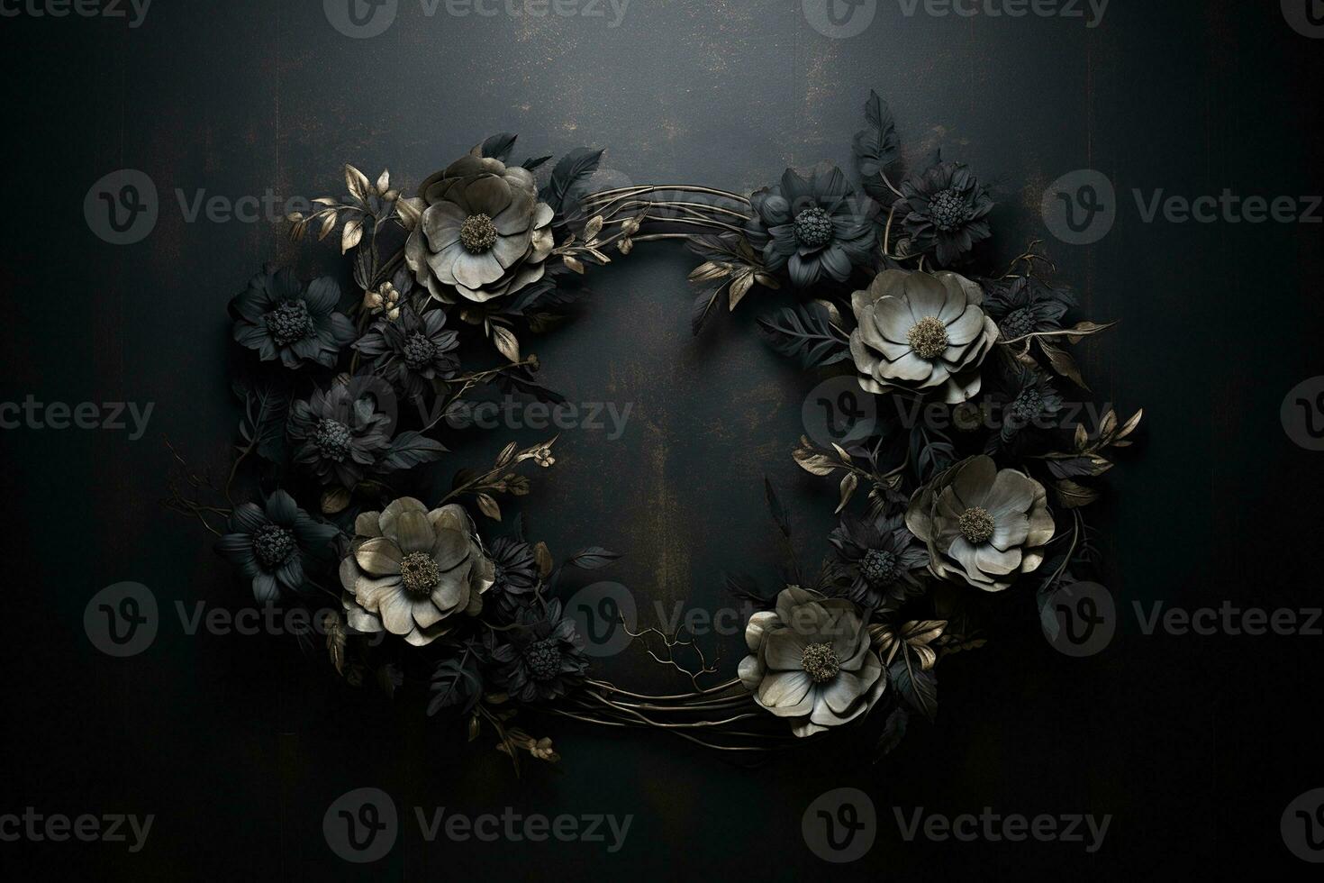 génératif ai, proche en haut couronne, épanouissement parterres de fleurs de incroyable noir fleurs sur foncé de mauvaise humeur floral texturé Contexte. photo