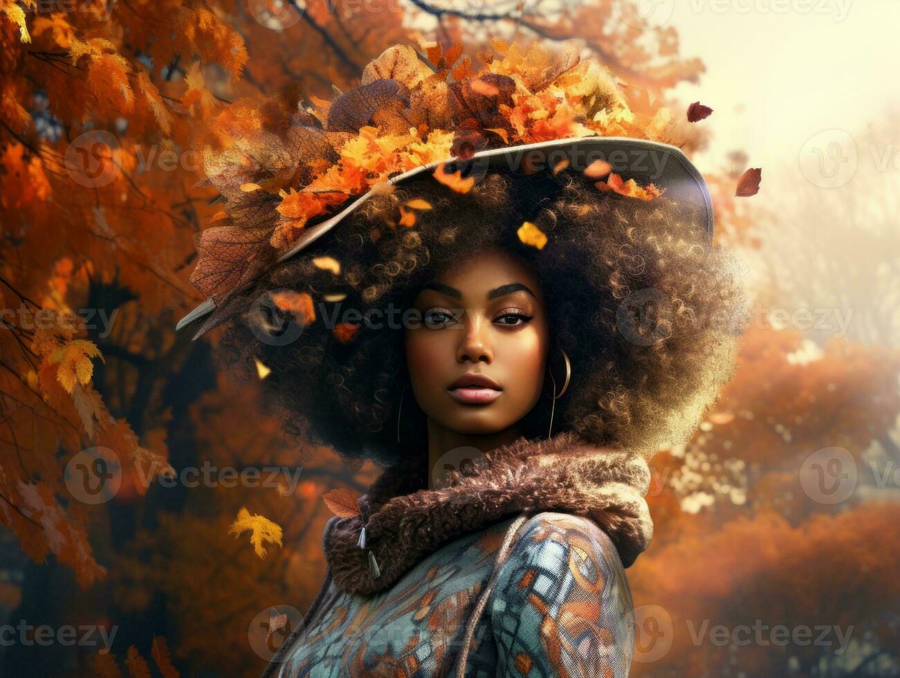 photo de émotif dynamique pose africain femme dans l'automne ai génératif