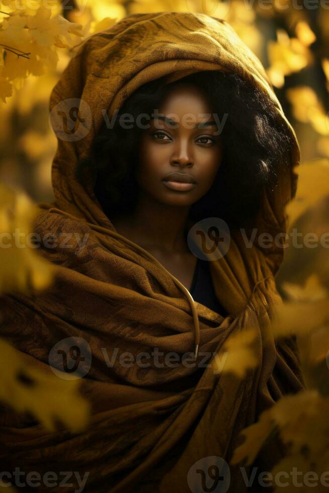 photo de émotif dynamique pose africain femme dans l'automne ai génératif