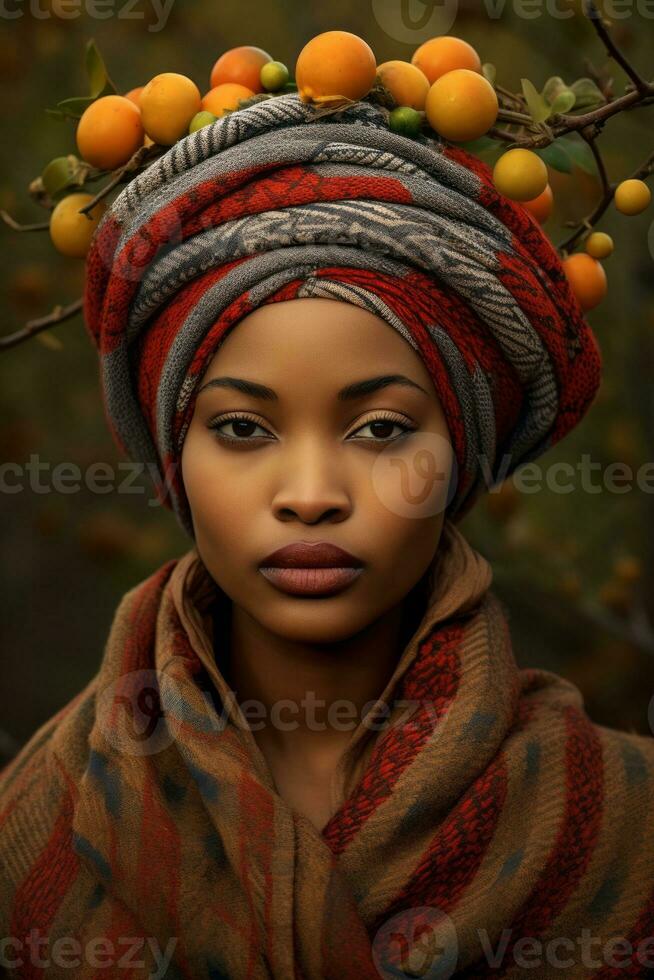 photo de émotif dynamique pose africain femme dans l'automne ai génératif