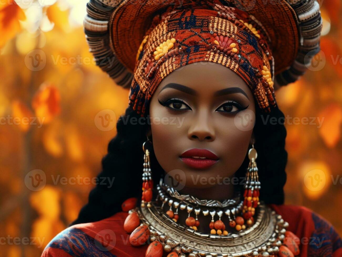 photo de émotif dynamique pose africain femme dans l'automne ai génératif