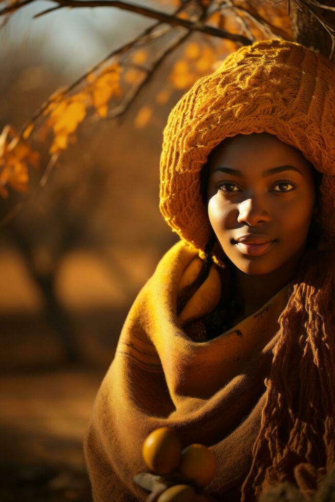 photo de émotif dynamique pose africain femme dans l'automne ai génératif