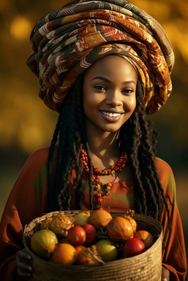 photo de émotif dynamique pose africain femme dans l'automne ai génératif