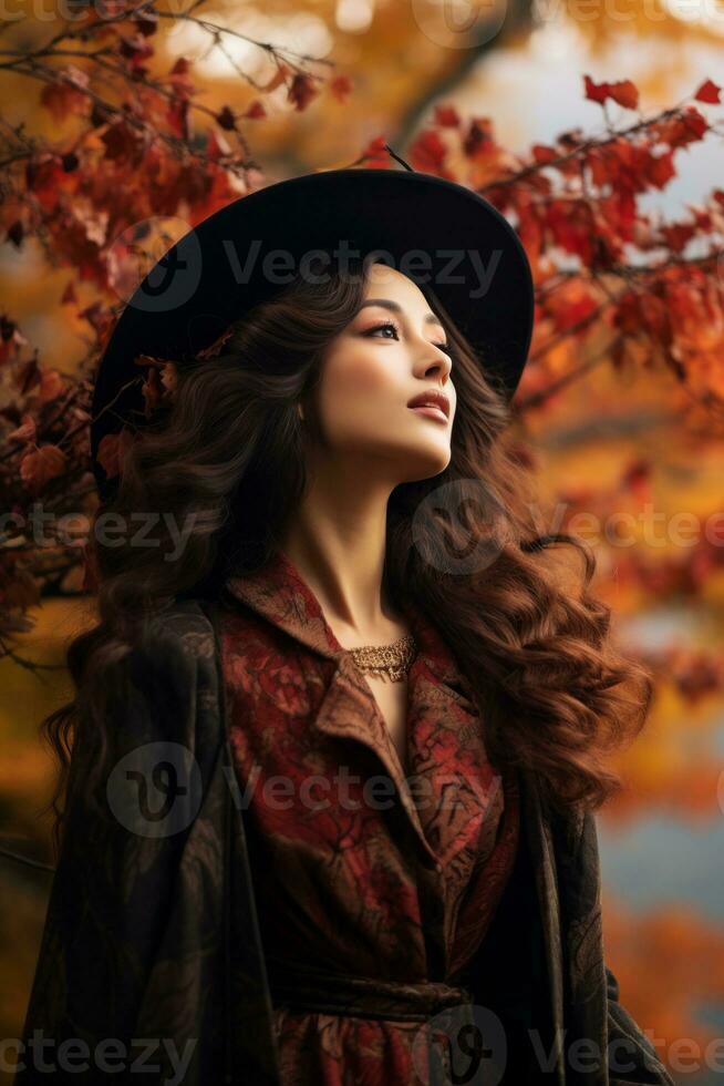 photo de émotif dynamique pose asiatique femme dans l'automne ai génératif