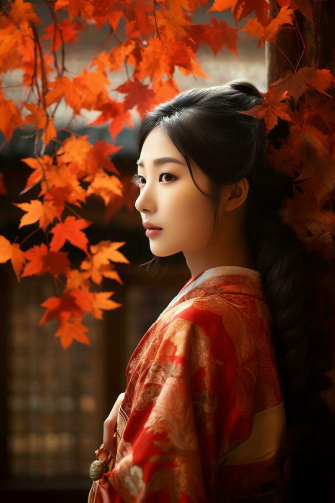 photo de émotif dynamique pose asiatique femme dans l'automne ai génératif