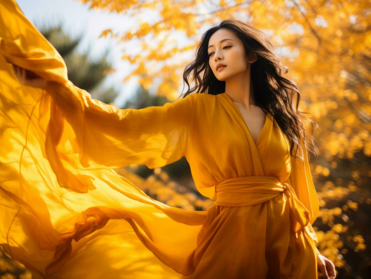 photo de émotif dynamique pose asiatique femme dans l'automne ai génératif