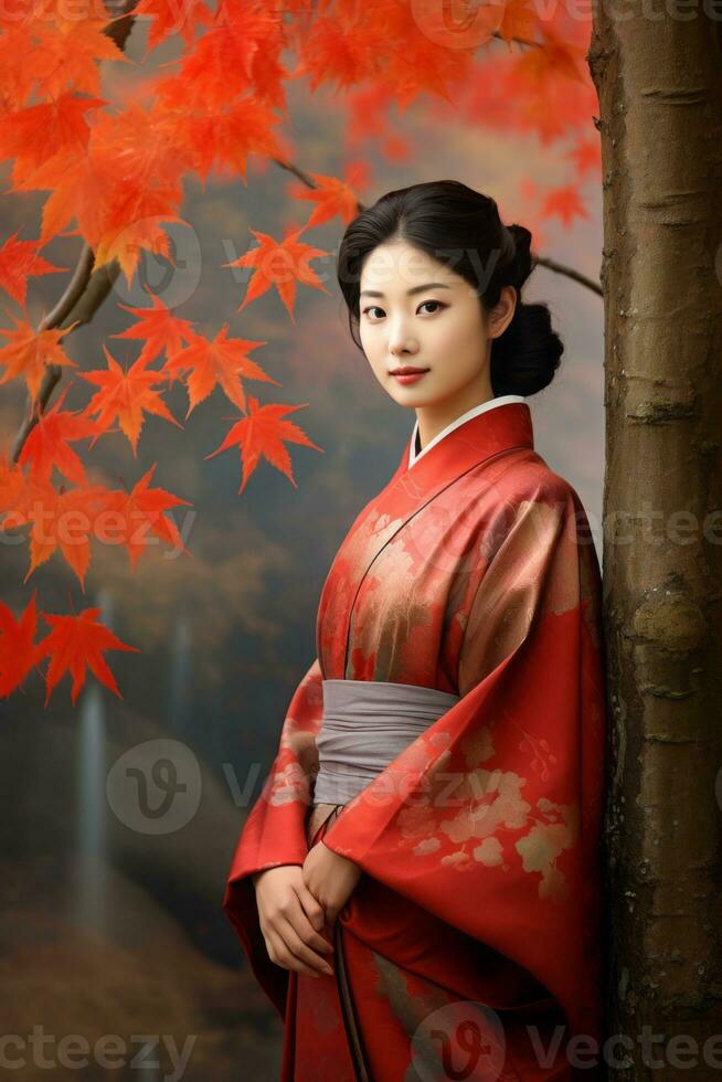 photo de émotif dynamique pose asiatique femme dans l'automne ai génératif