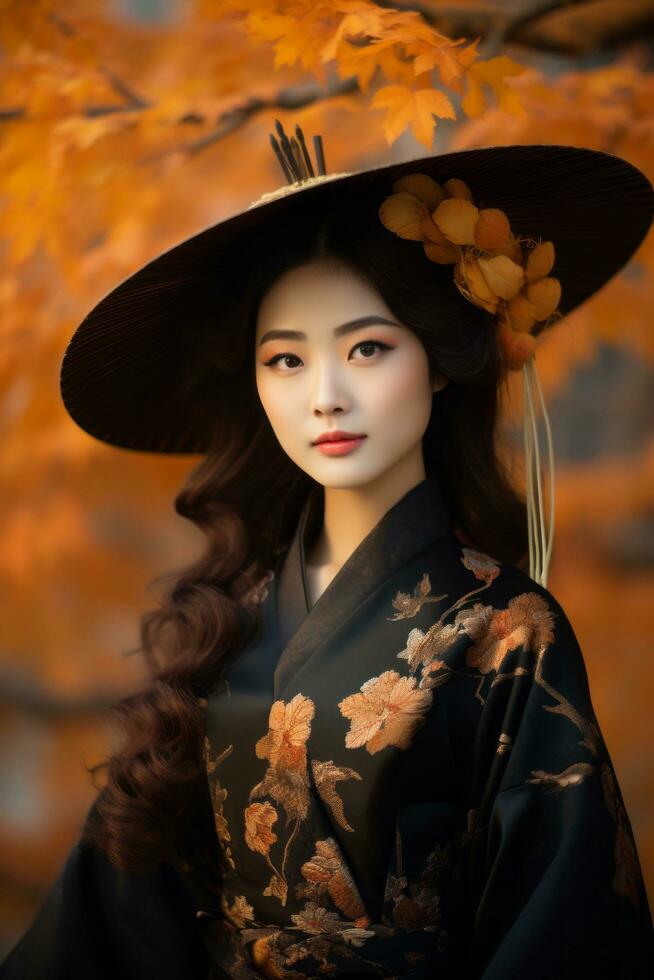photo de émotif dynamique pose asiatique femme dans l'automne ai génératif