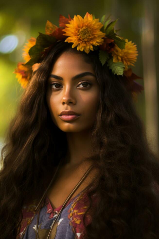 photo de émotif dynamique pose brésilien femme dans l'automne ai génératif
