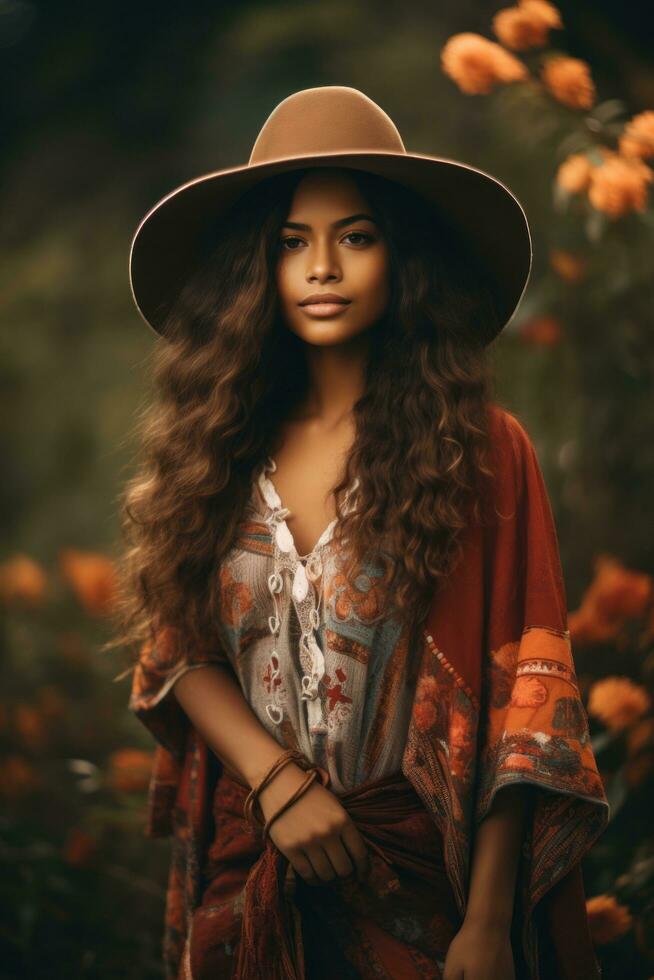 photo de émotif dynamique pose brésilien femme dans l'automne ai génératif