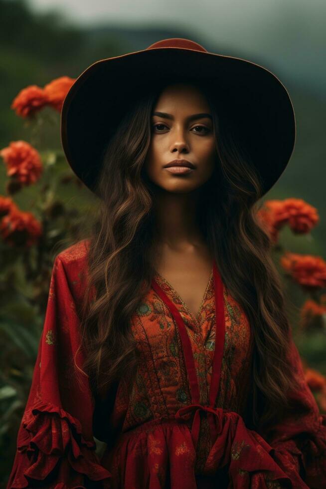 photo de émotif dynamique pose brésilien femme dans l'automne ai génératif