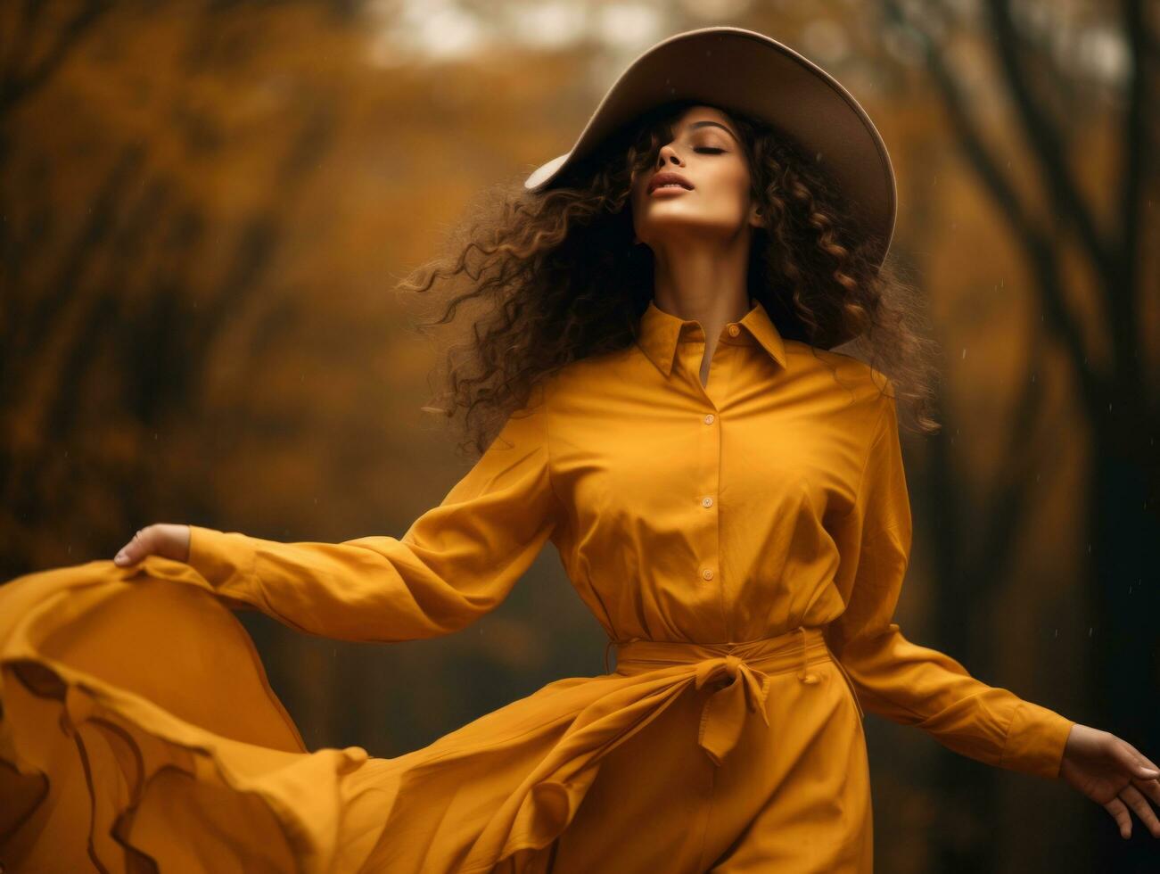 photo de émotif dynamique pose brésilien femme dans l'automne ai génératif