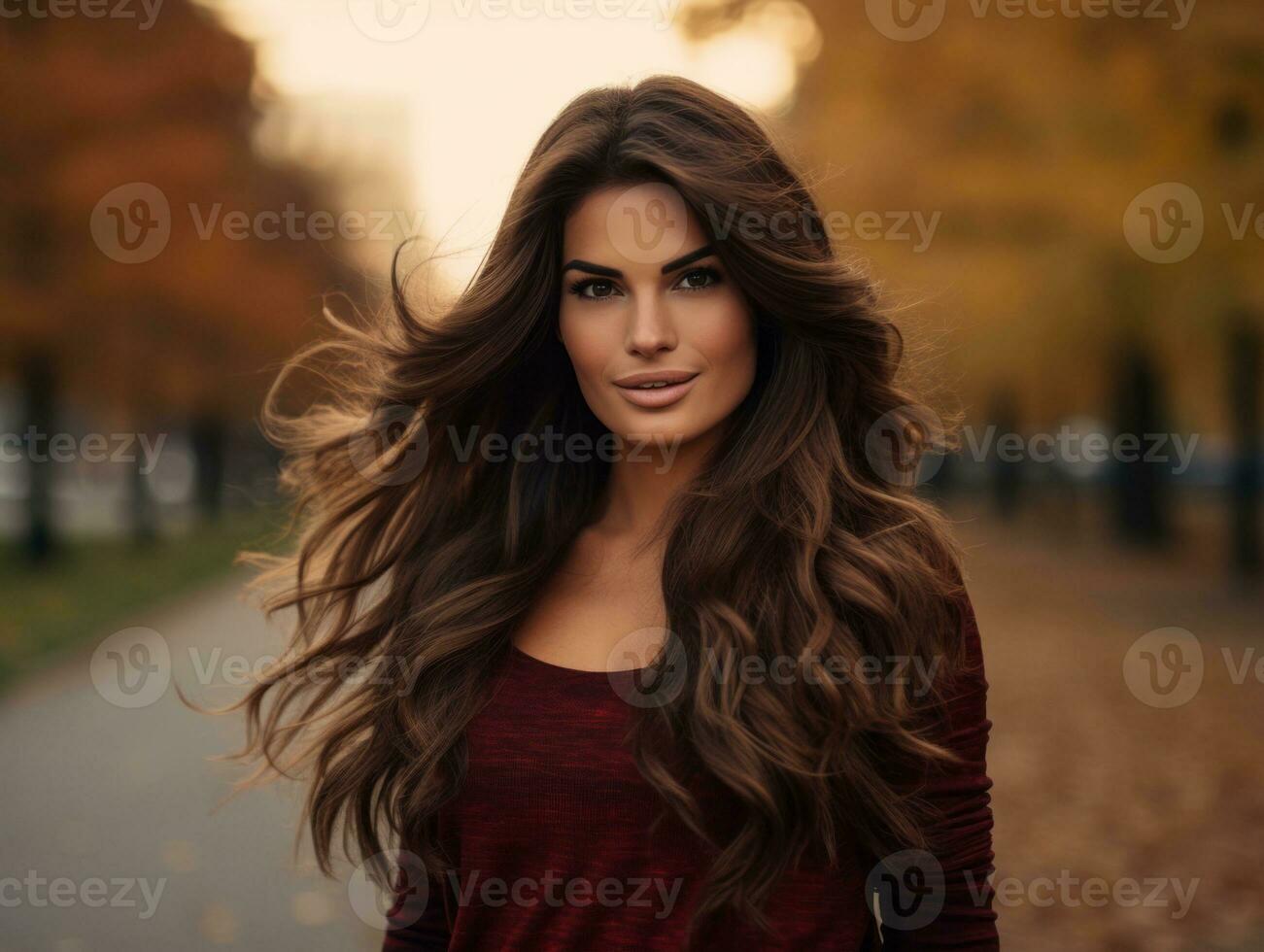 photo de émotif dynamique pose brésilien femme dans l'automne ai génératif