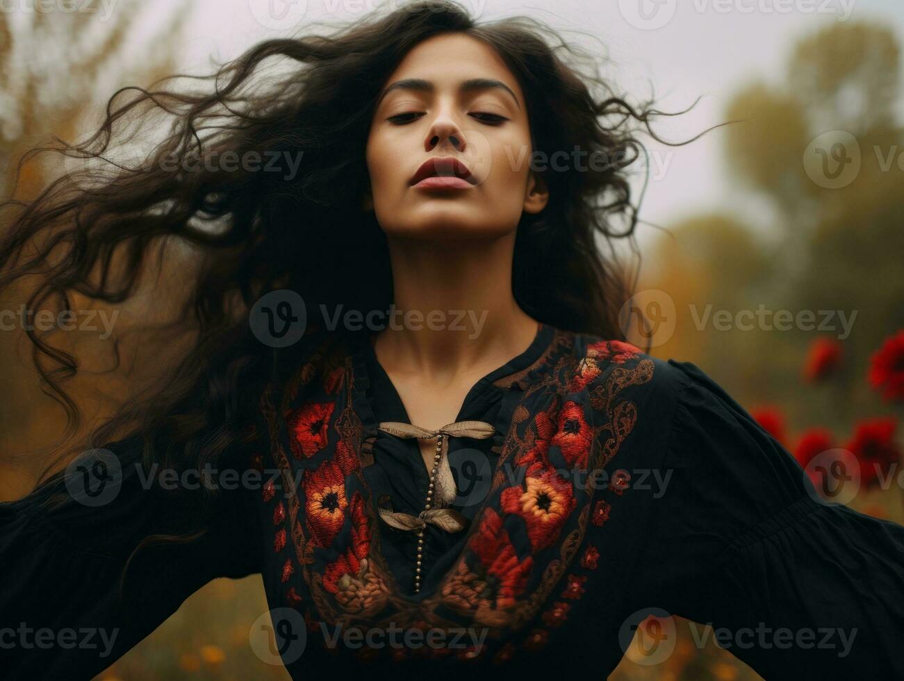 photo de émotif dynamique pose mexicain femme dans l'automne ai génératif