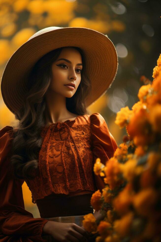 photo de émotif dynamique pose mexicain femme dans l'automne ai génératif