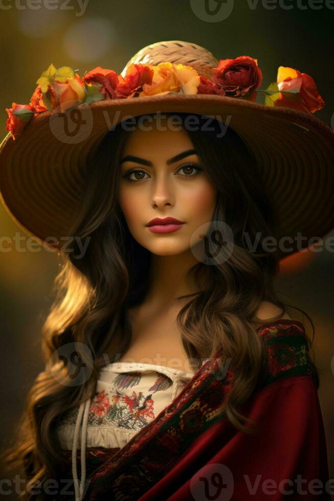 photo de émotif dynamique pose mexicain femme dans l'automne ai génératif