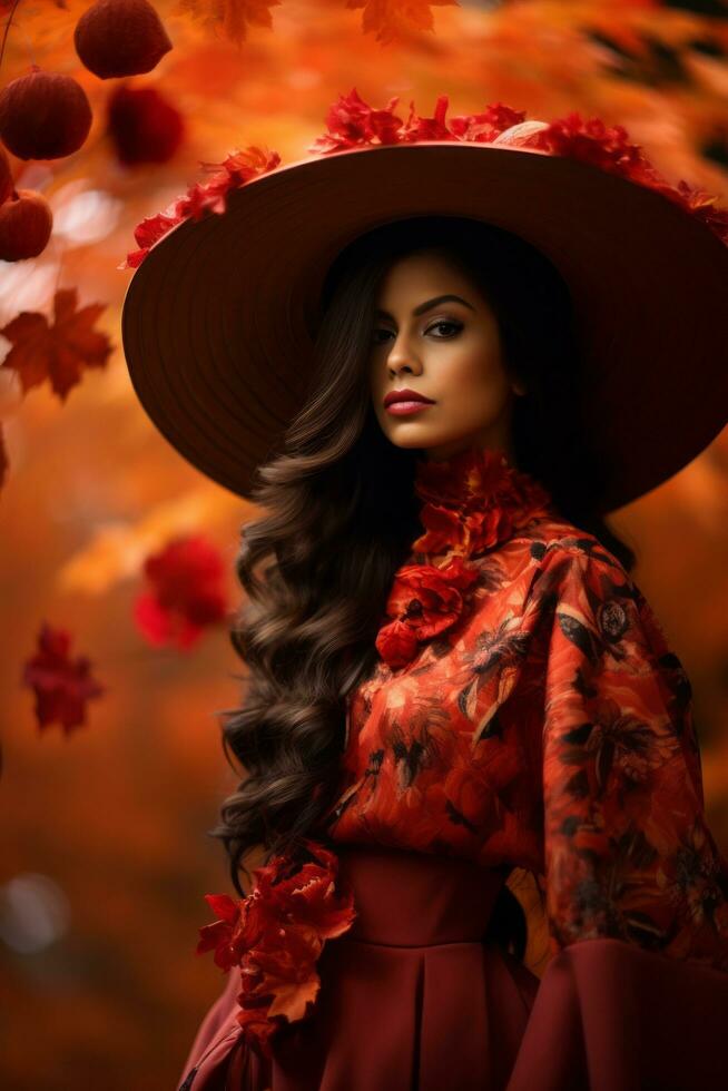 photo de émotif dynamique pose mexicain femme dans l'automne ai génératif