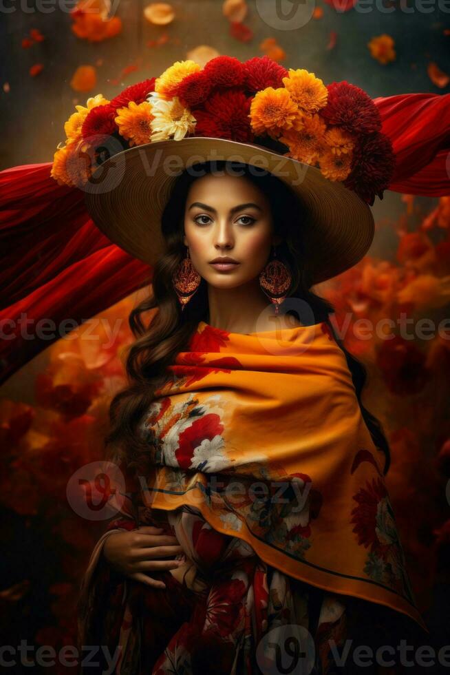 photo de émotif dynamique pose mexicain femme dans l'automne ai génératif