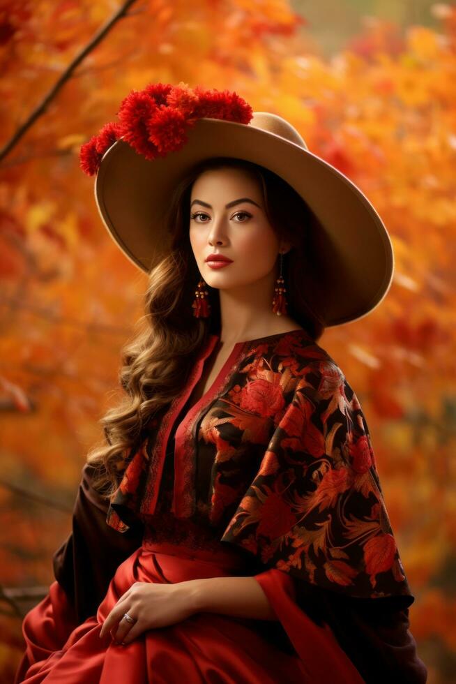 photo de émotif dynamique pose mexicain femme dans l'automne ai génératif