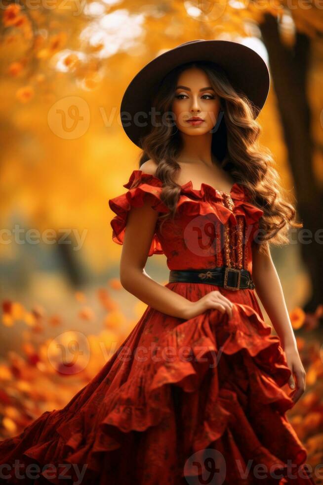 photo de émotif dynamique pose mexicain femme dans l'automne ai génératif