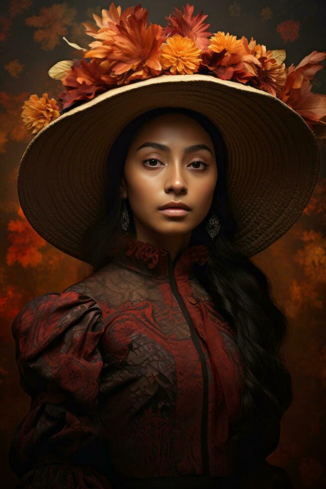 photo de émotif dynamique pose mexicain femme dans l'automne ai génératif