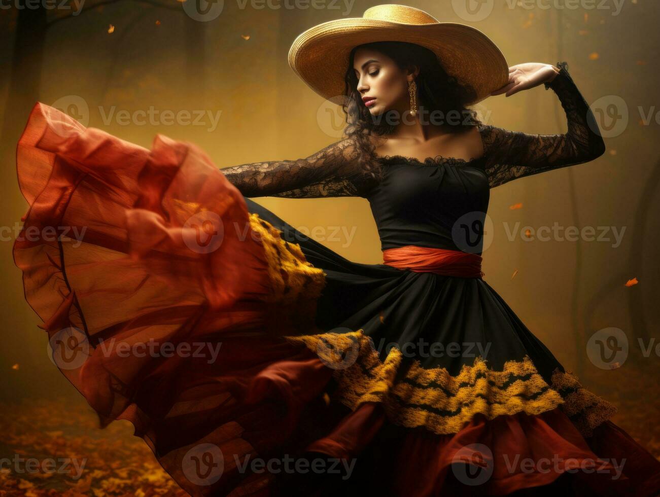 photo de émotif dynamique pose mexicain femme dans l'automne ai génératif